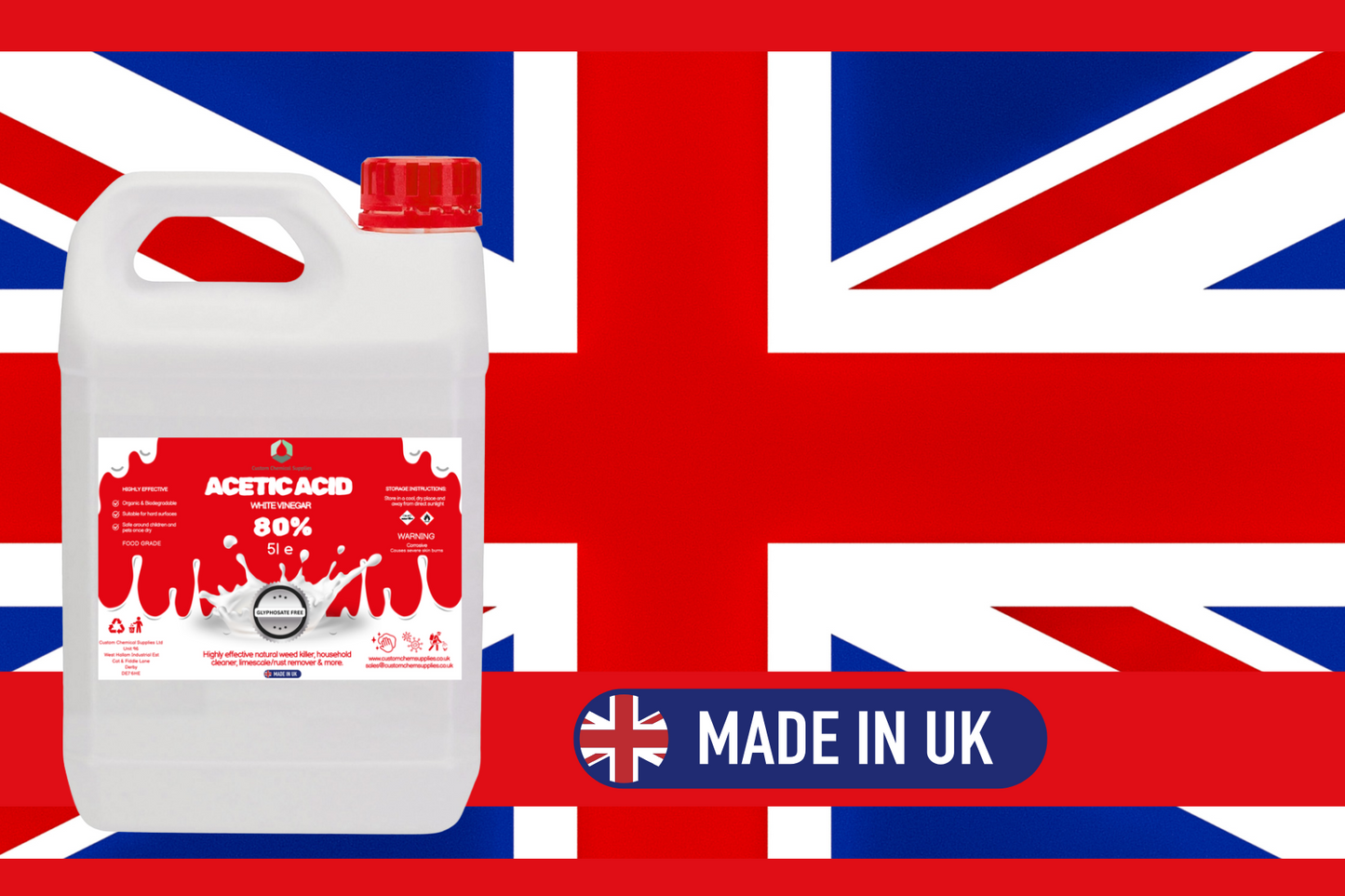 80% Acetic Acid, 16 x Stronger Than Regular Spirit White Vinegar, 5L, Weed Killer