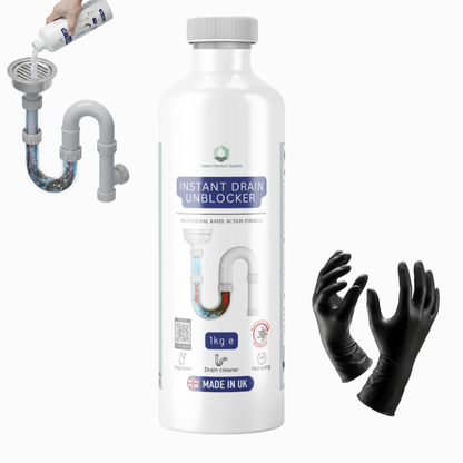 Instant Drain Unblocker/Drain Cleaner Professional Rapid Action Formula, 1kg, Dissolves Grease, Hair, Food Residue, Fat, Multi-Surface Use, Made in UK SAFETY GLOVES INCLUDED