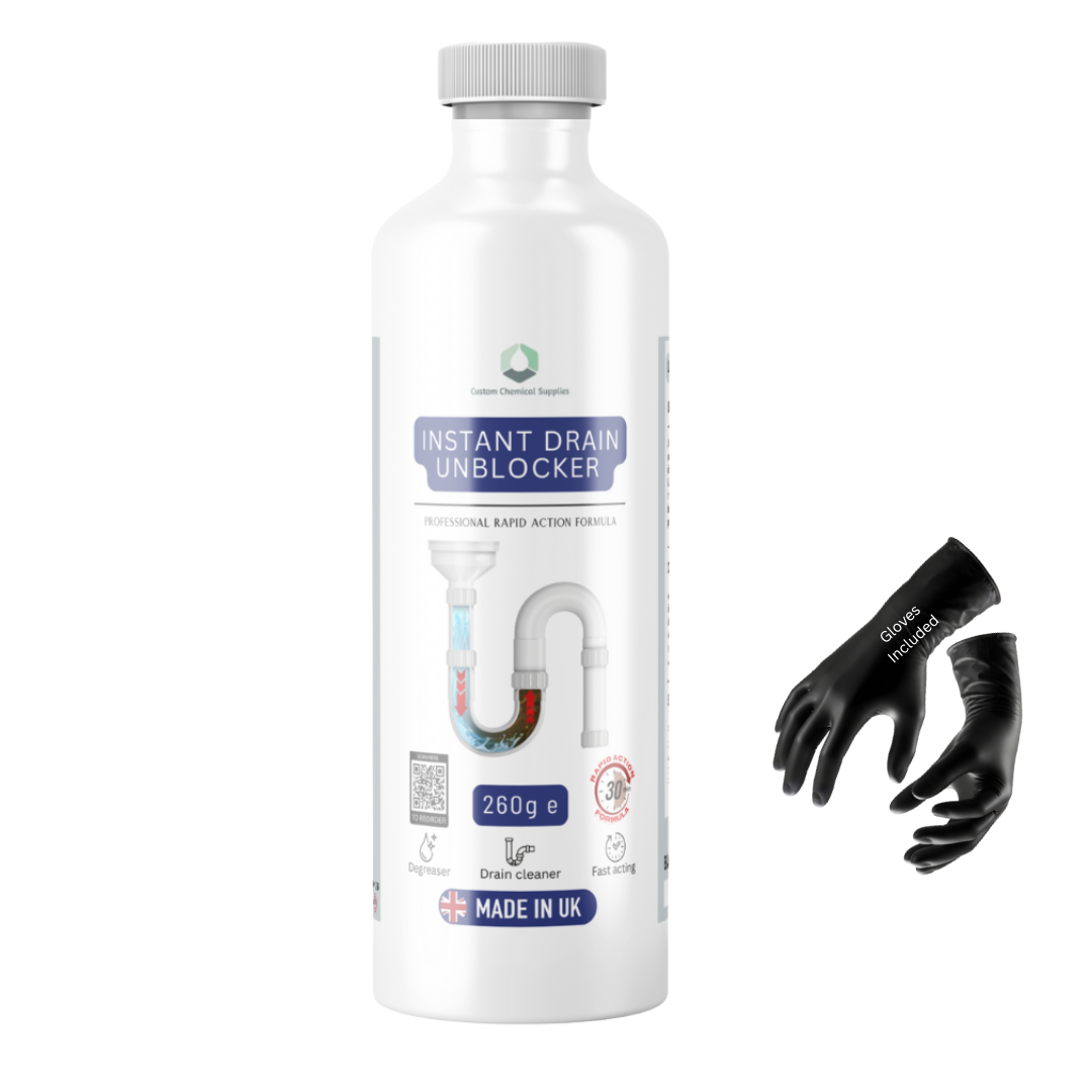 Instant Drain Unblocker/Drain Cleaner Professional Rapid Action Formula, 260g, Dissolves Grease, Hair, Food Residue, Fat, Multi-Surface Use, Made in UK SAFETY GLOVES INCLUDED