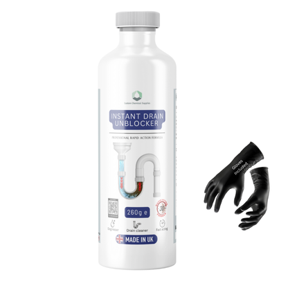 Instant Drain Unblocker/Drain Cleaner Professional Rapid Action Formula, 260g, Dissolves Grease, Hair, Food Residue, Fat, Multi-Surface Use, Made in UK SAFETY GLOVES INCLUDED