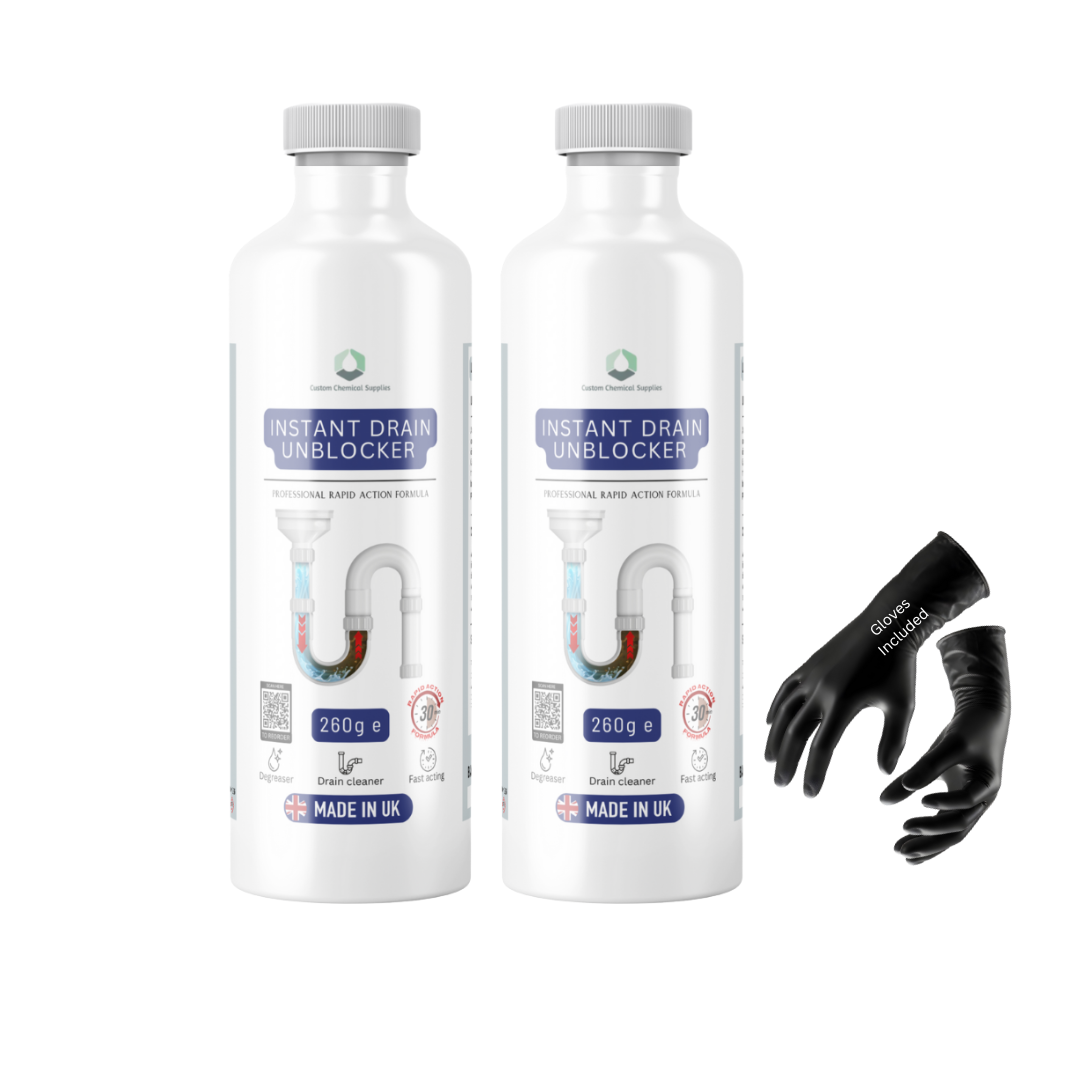 Instant Drain Unblocker/Drain Cleaner Professional Rapid Action Formula, 520g, Dissolves Grease, Hair, Food Residue, Fat, Multi-Surface Use, Made in UK SAFETY GLOVES INCLUDED