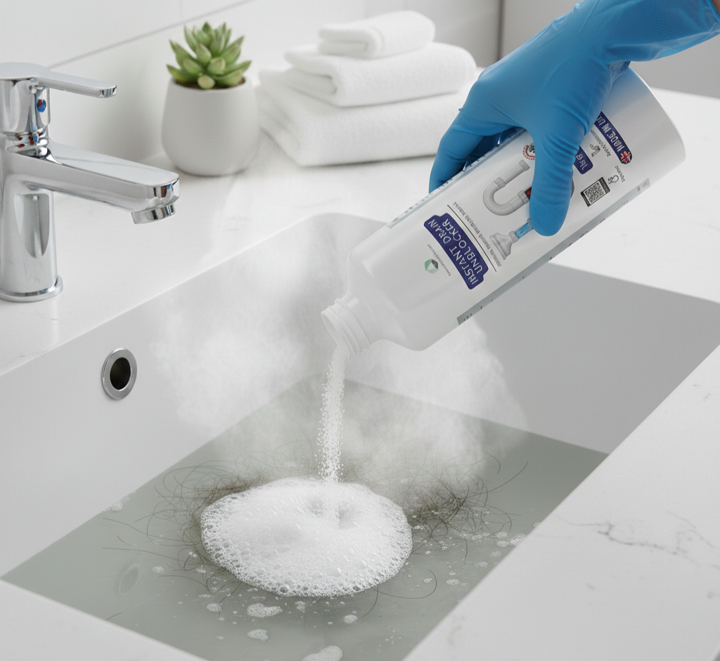 Instant Drain Unblocker/Drain Cleaner Professional Rapid Action Formula, 260g, Dissolves Grease, Hair, Food Residue, Fat, Multi-Surface Use, Made in UK SAFETY GLOVES INCLUDED