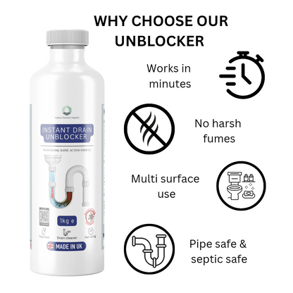Instant Drain Unblocker/Drain Cleaner Professional Rapid Action Formula, 260g, Dissolves Grease, Hair, Food Residue, Fat, Multi-Surface Use, Made in UK SAFETY GLOVES INCLUDED